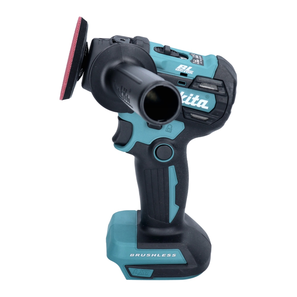 Ein Makita-Elektrowerkzeug mit einem roten Pad. Es ist schwarz und blaugrün, mit einem Griff und Akku unten.