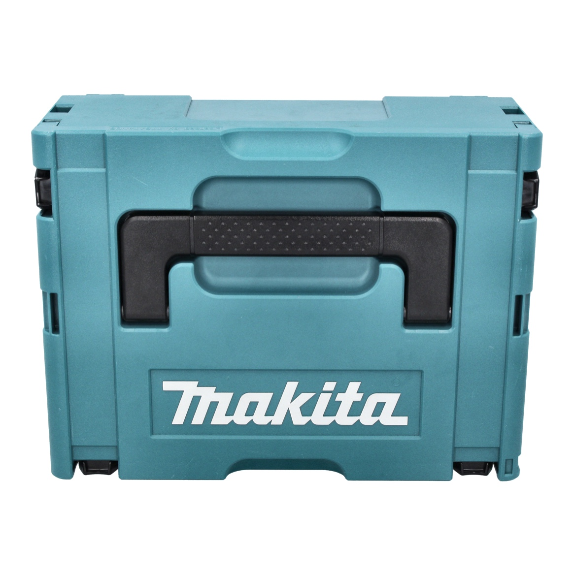 Eine türkisfarbene Makita-Werkzeugbox mit schwarzem Griff und weißem Makita-Logo.