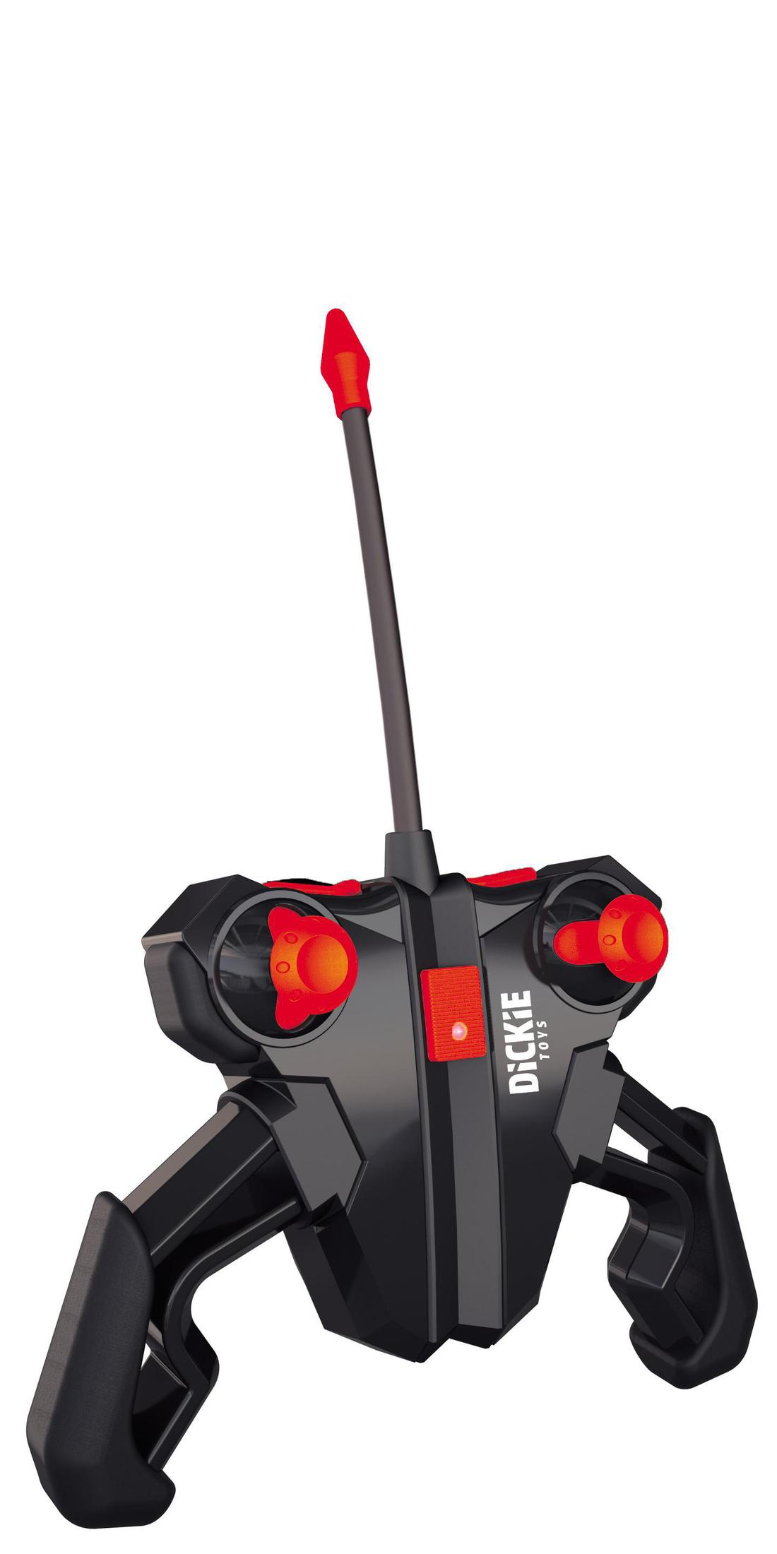 Eine schwarze Dickie Toys Fernbedienung. Sie hat rote Knöpfe und eine Antenne. Der Hintergrund ist weiß.