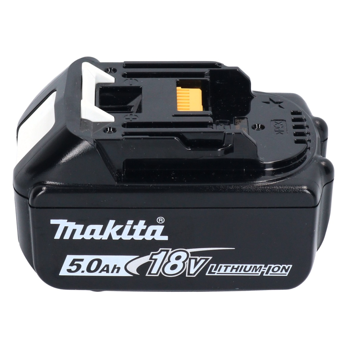Ein schwarzer Makita 18V Lithium-Ionen-Akku. Weiße und gelbe Akzente. Markenlogo und Spezifikationen sind aufgedruckt.