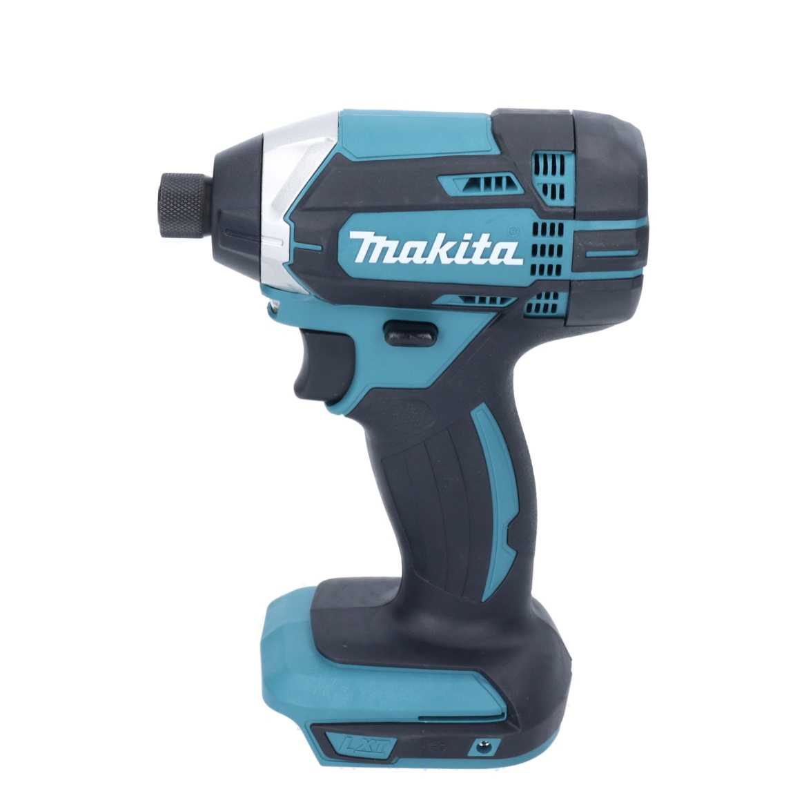 Ein schnurloser Makita-Schlagschrauber, teal und schwarz, auf weißem Hintergrund. Das Werkzeug ist leicht angewinkelt, um seine Form und Merkmale zu zeigen.