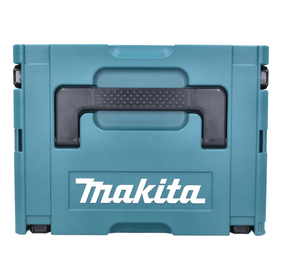 Eine teal Makita-Werkzeugbox mit schwarzem Griff und dem weißen Makita-Logo. Die Box steht auf weißem Hintergrund.