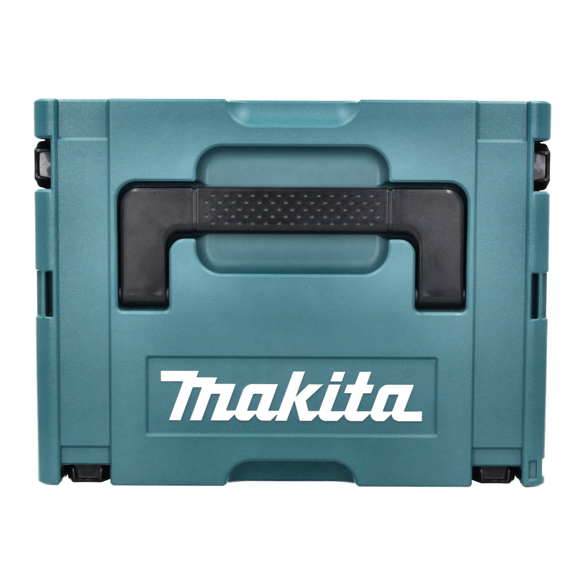 Eine tealfarbene Makita-Werkzeugkiste mit schwarzem Griff und dem weißen Makita-Logo auf der Vorderseite.