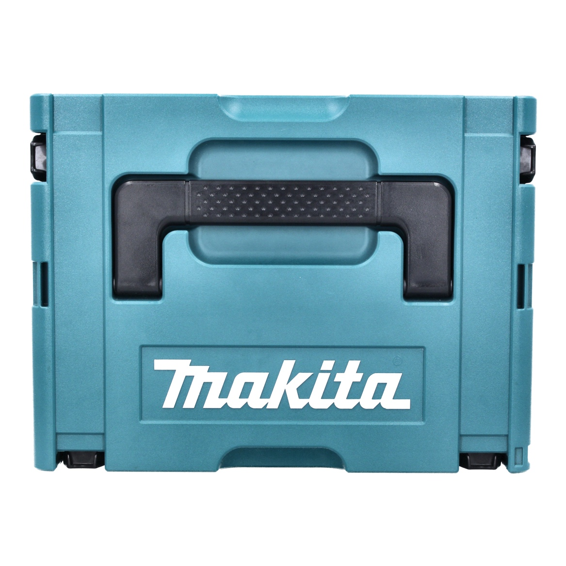 Eine türkisfarbene Makita-Werkzeugbox mit schwarzem Griff und Logo. Die Werkzeugbox ist rechteckig, mit Griff oben und geschlossen.