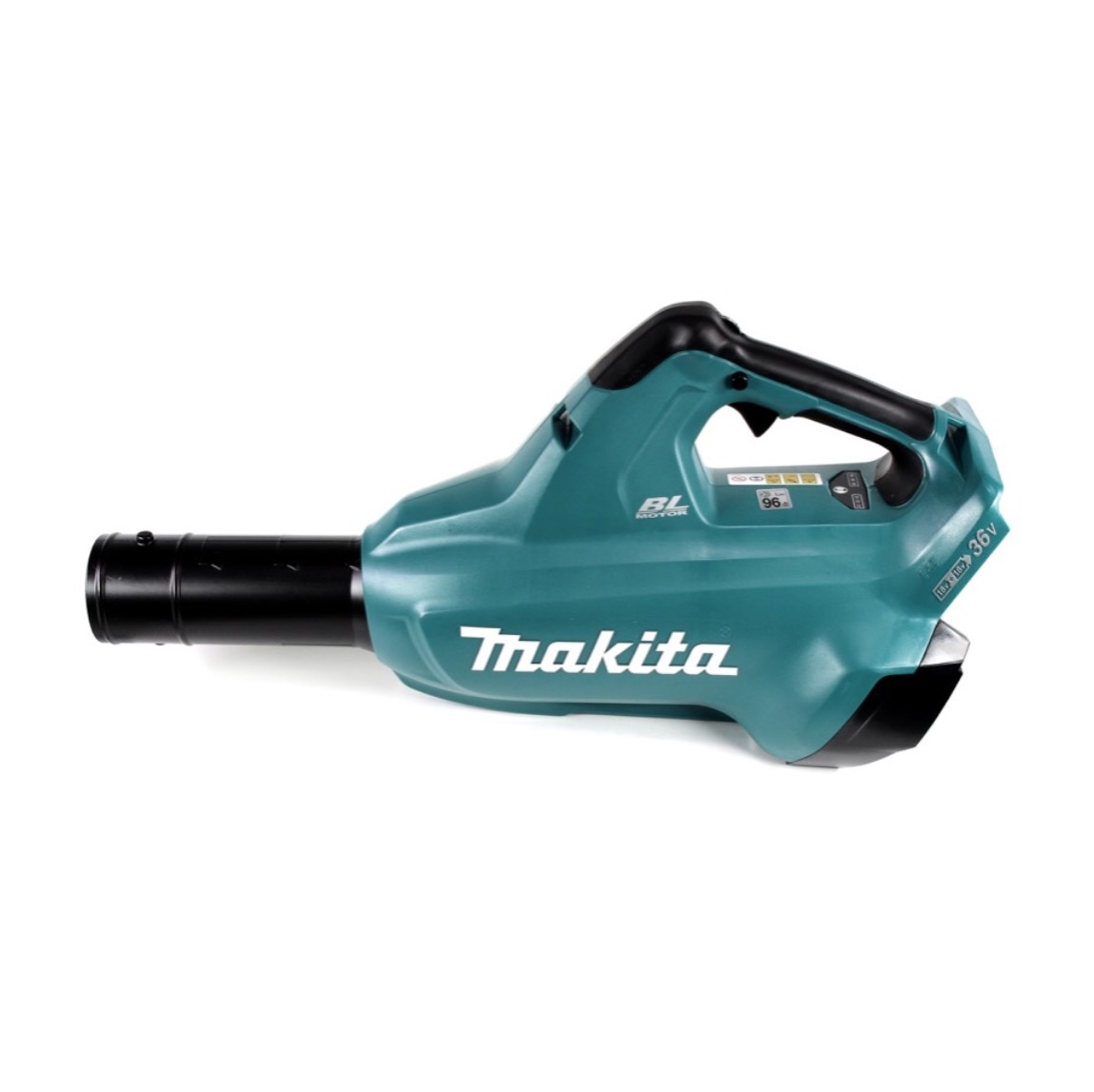 Ein türkisfarbener Makita-Laubbläser auf weißem Hintergrund. Er hat einen schwarzen Griff und eine Düse. Makita-Logo sichtbar.