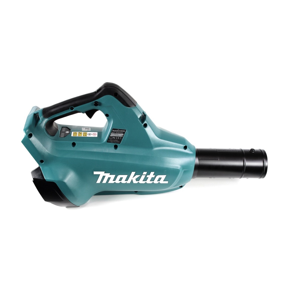 Ein türkis-schwarzes Makita-Laubgebläse. Das Gebläse hat einen Griff, eine Düse und das Makita-Logo.