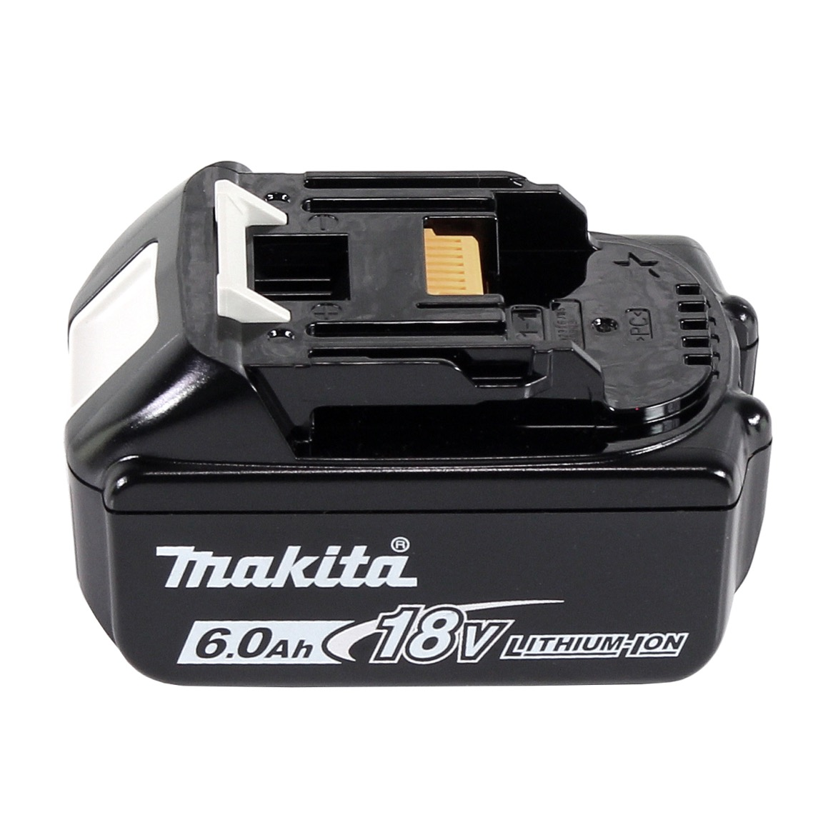 Schwarzer Makita 18V 6,0Ah Lithium-Ionen-Akku. Mit Makita-Logo und technischen Daten. Oberseite hat einen schwarzen Kunststoffanschluss.