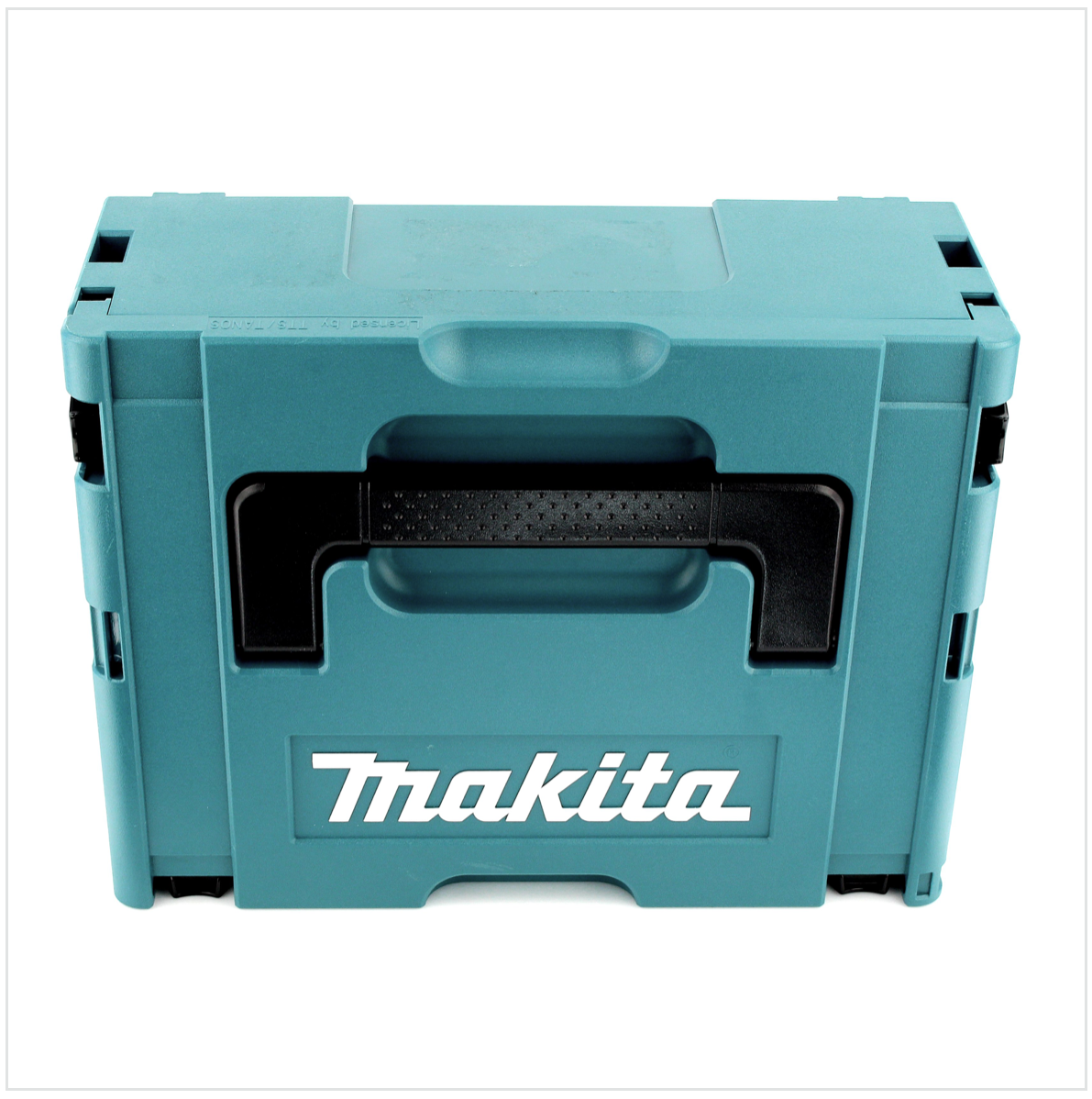 Eine türkisfarbene Makita-Werkzeugkiste mit schwarzem Griff und Markennamen in weißen Buchstaben. Auf weißem Hintergrund.