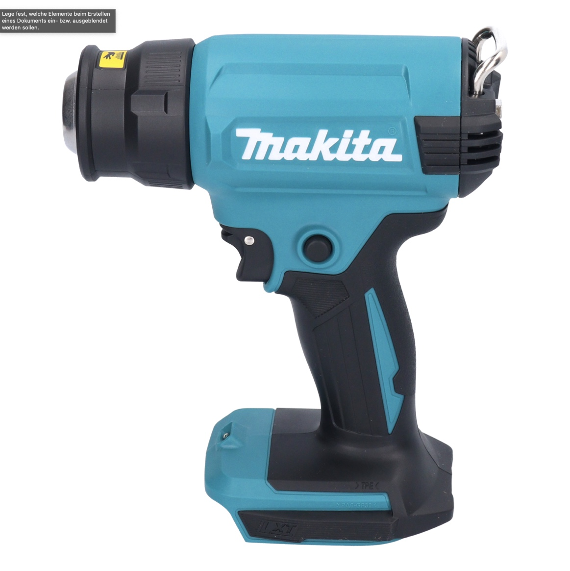 Eine türkis-schwarze Makita-Heißluftpistole. Sie hat eine Düse, einen Auslöser und ein Batteriefach. Das Makita-Logo ist sichtbar.