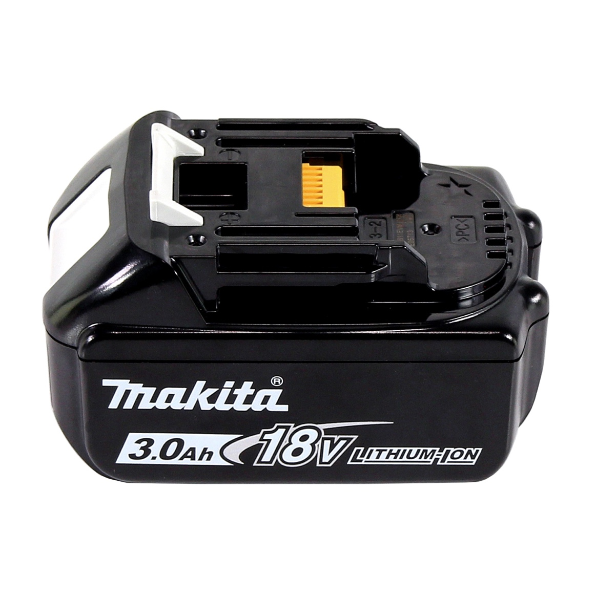 Schwarzer Makita 18V 3.0Ah Lithium-Ionen-Akku. Er hat weiße und gelbe Komponenten und ein Markenlogo.