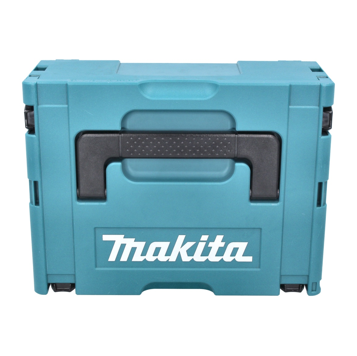Eine türkisfarbene Makita-Werkzeugkiste mit schwarzem Griff und weißem Makita-Logo. Die Box ist geschlossen und dem Betrachter zugewandt.