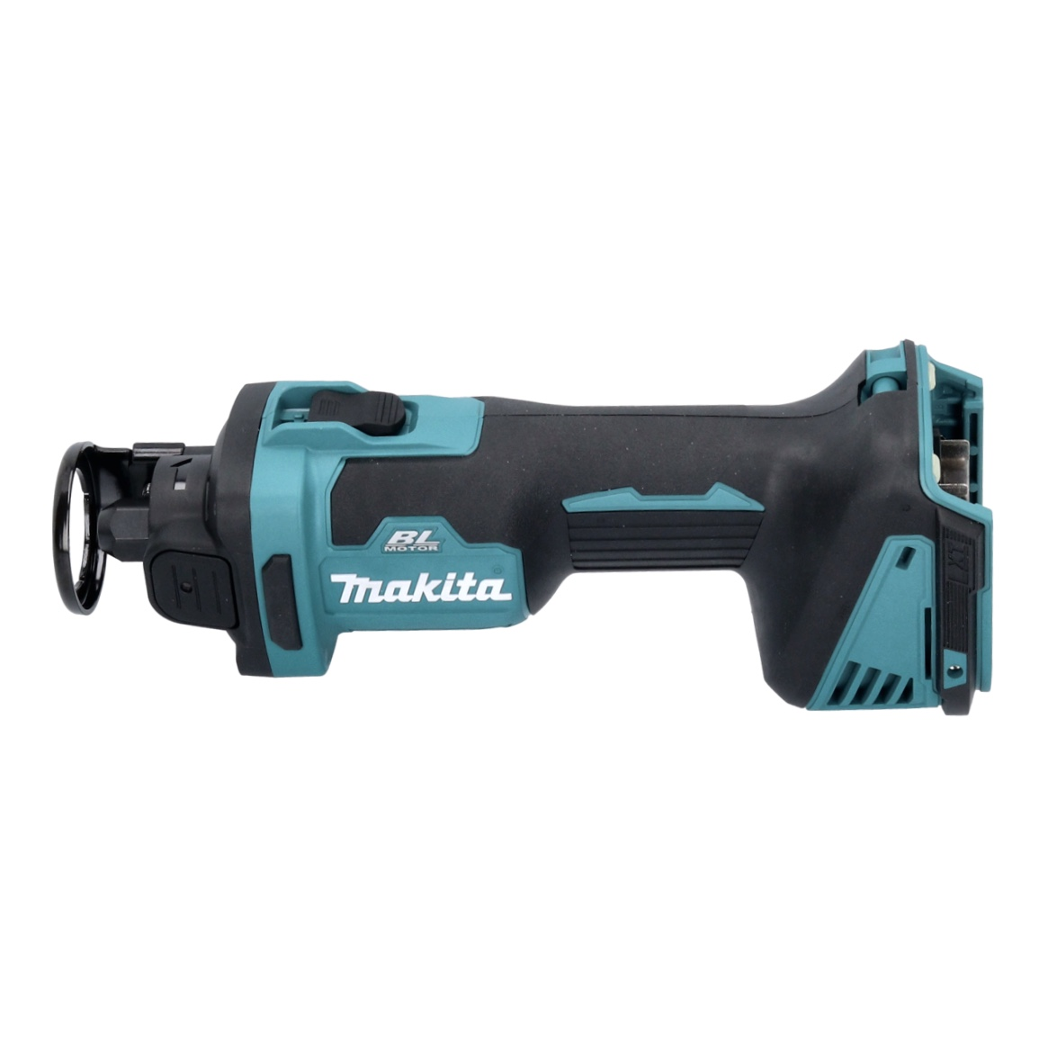 Eine kabellose Makita-Säbelsäge. Sie ist schwarz und tealfarben. Das Makita-Logo ist deutlich sichtbar.