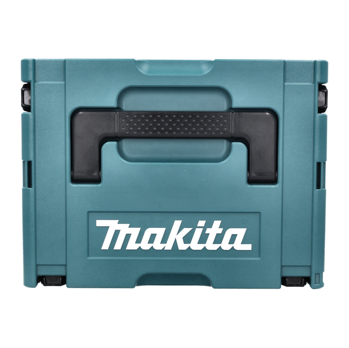 Eine teal Makita Werkzeugkiste. Es hat einen schwarzen Griff und den Markennamen in Weiß. Die Box ist geschlossen und steht auf weißem Hintergrund.