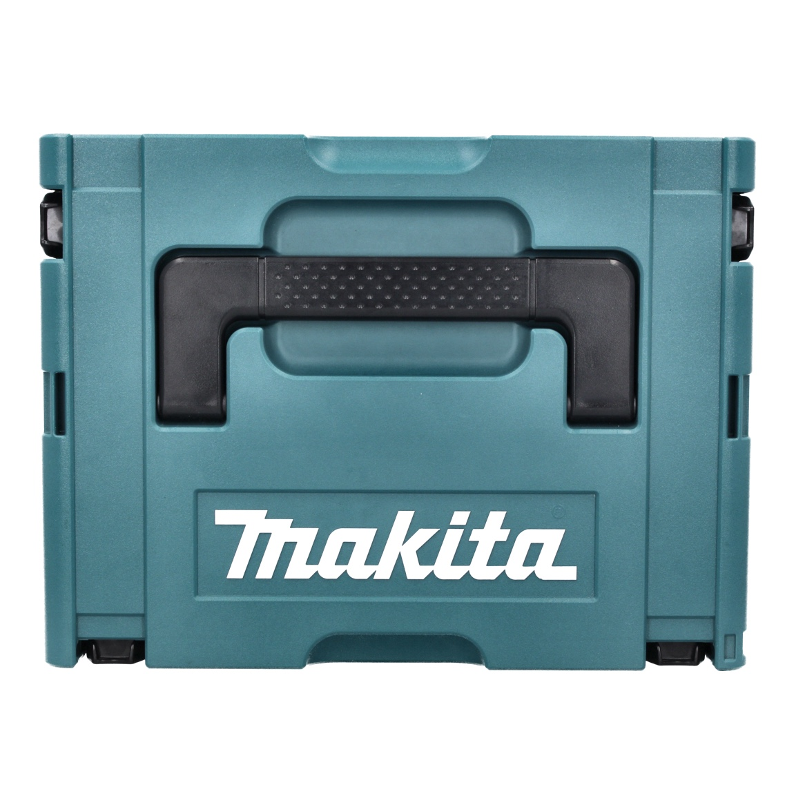 Eine teal Makita Werkzeugkiste mit schwarzem Griff. Das Makita-Logo ist weiß. Die Box befindet sich auf weißem Hintergrund.