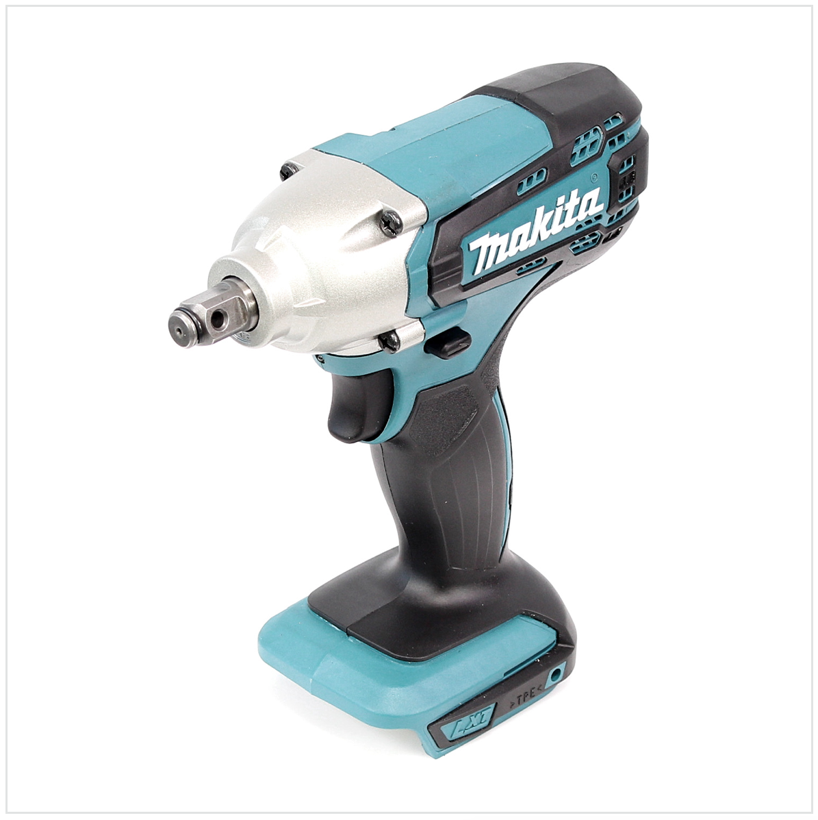 Makita-Schlagschrauber, türkis und schwarz, auf weißem Hintergrund. Zeigt das Gehäuse, den Auslöser und das Makita-Logo.