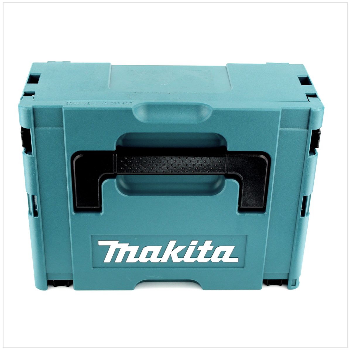 Eine teal Makita-Aufbewahrungsbox mit schwarzem Griff und Makita-Logo. Sie ist geschlossen und auf weißem Hintergrund.