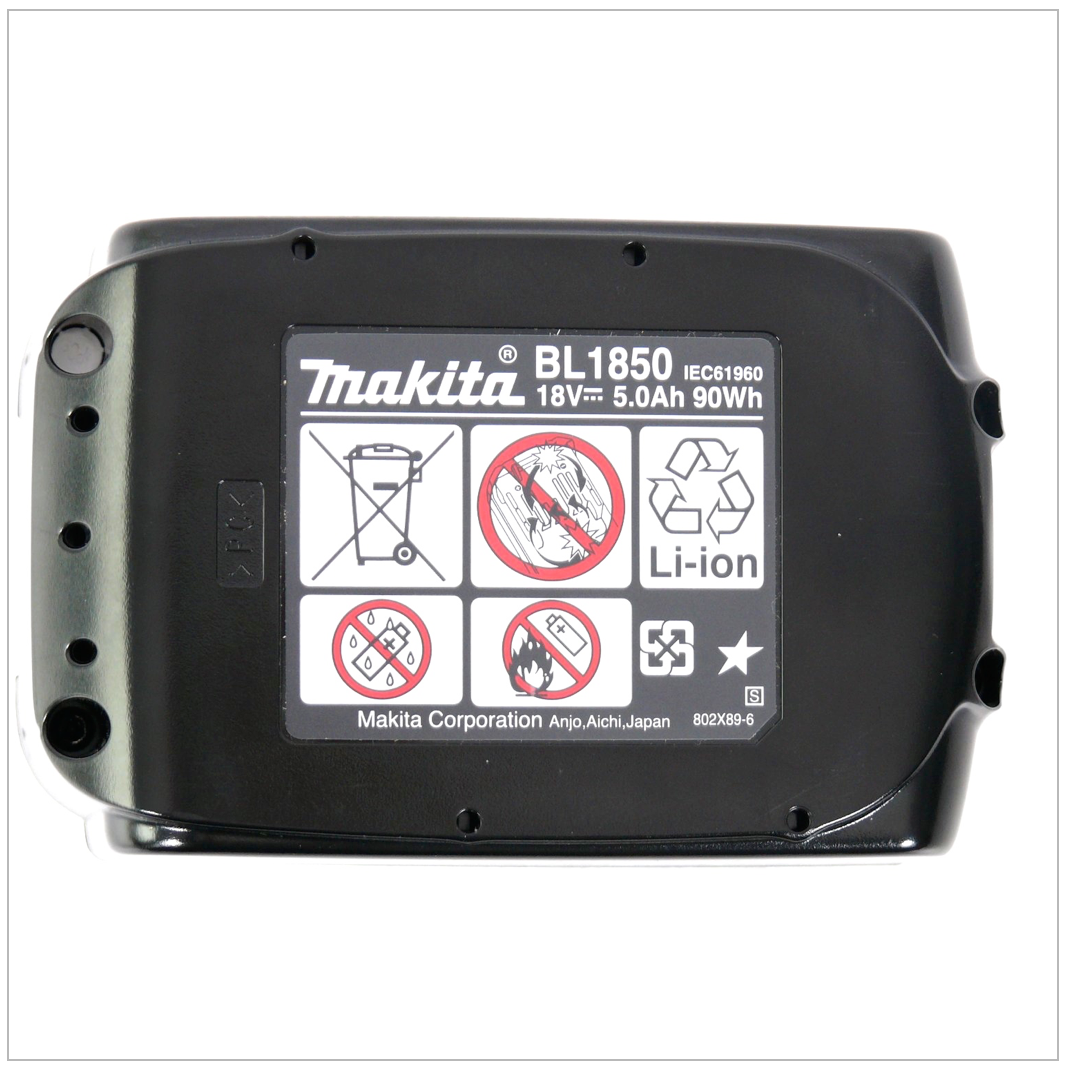 Ein schwarzer Makita BL1850 Akku. Er hat Warnsymbole, das Makita-Logo und technische Daten wie 18V, 5,0Ah und Li-ion.