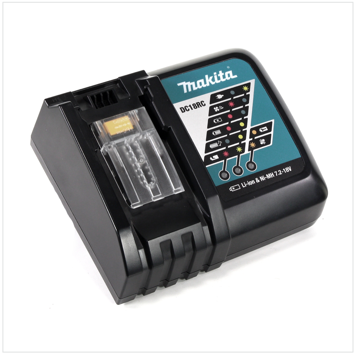 Ein schwarzes Makita DC18RC-Ladegerät. Es hat einen transparenten Ladeschacht und ein Display mit Anzeigen.