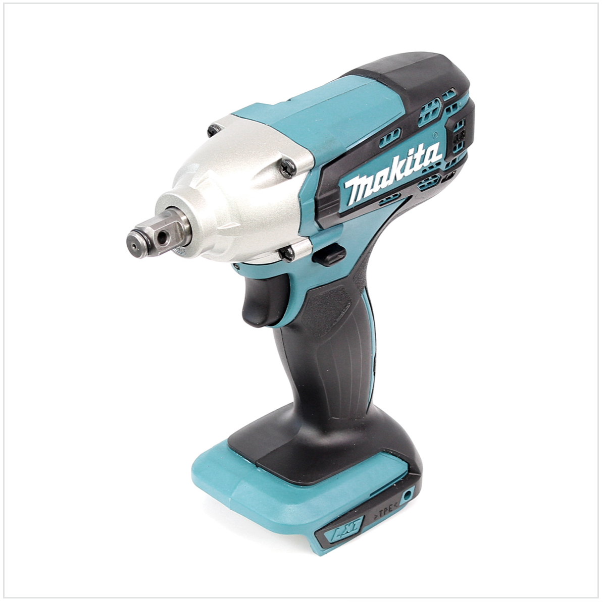 Ein kabelloser Makita-Schlagschrauber. Er ist teal, schwarz und silber, mit dem Makita-Logo. Er liegt auf weißem Hintergrund.