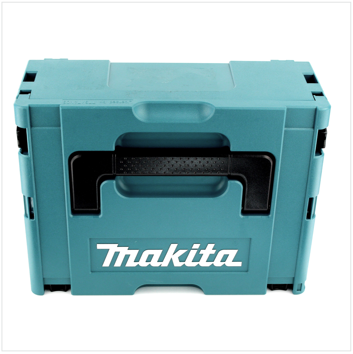Eine türkisfarbene Makita-Werkzeugkiste auf weißem Hintergrund. Sie hat einen schwarzen Griff und das Makita-Logo auf der Vorderseite.