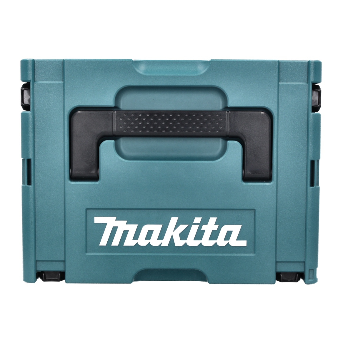 Eine türkisfarbene Makita-Werkzeugkiste mit schwarzem Griff und weißem Makita-Logo. Die Box ist geschlossen.