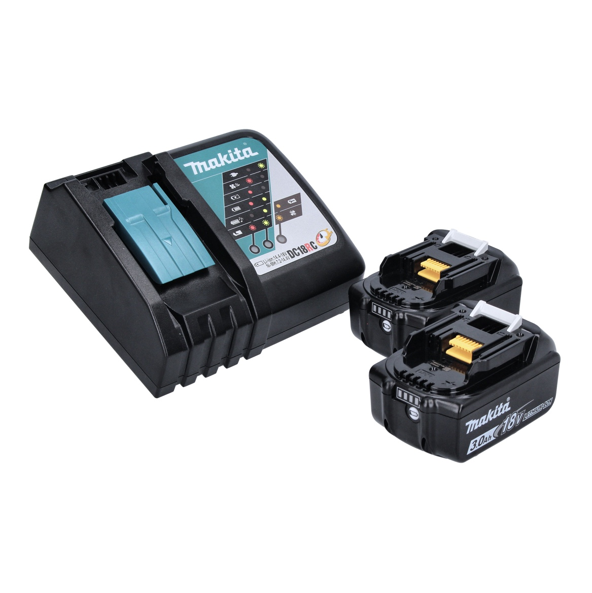 Ein schwarzes Makita-Batterieladegerät mit zwei Batterien. Das Ladegerät hat einen teal Einsatz. Batterien sind schwarz mit gelben Akzenten.