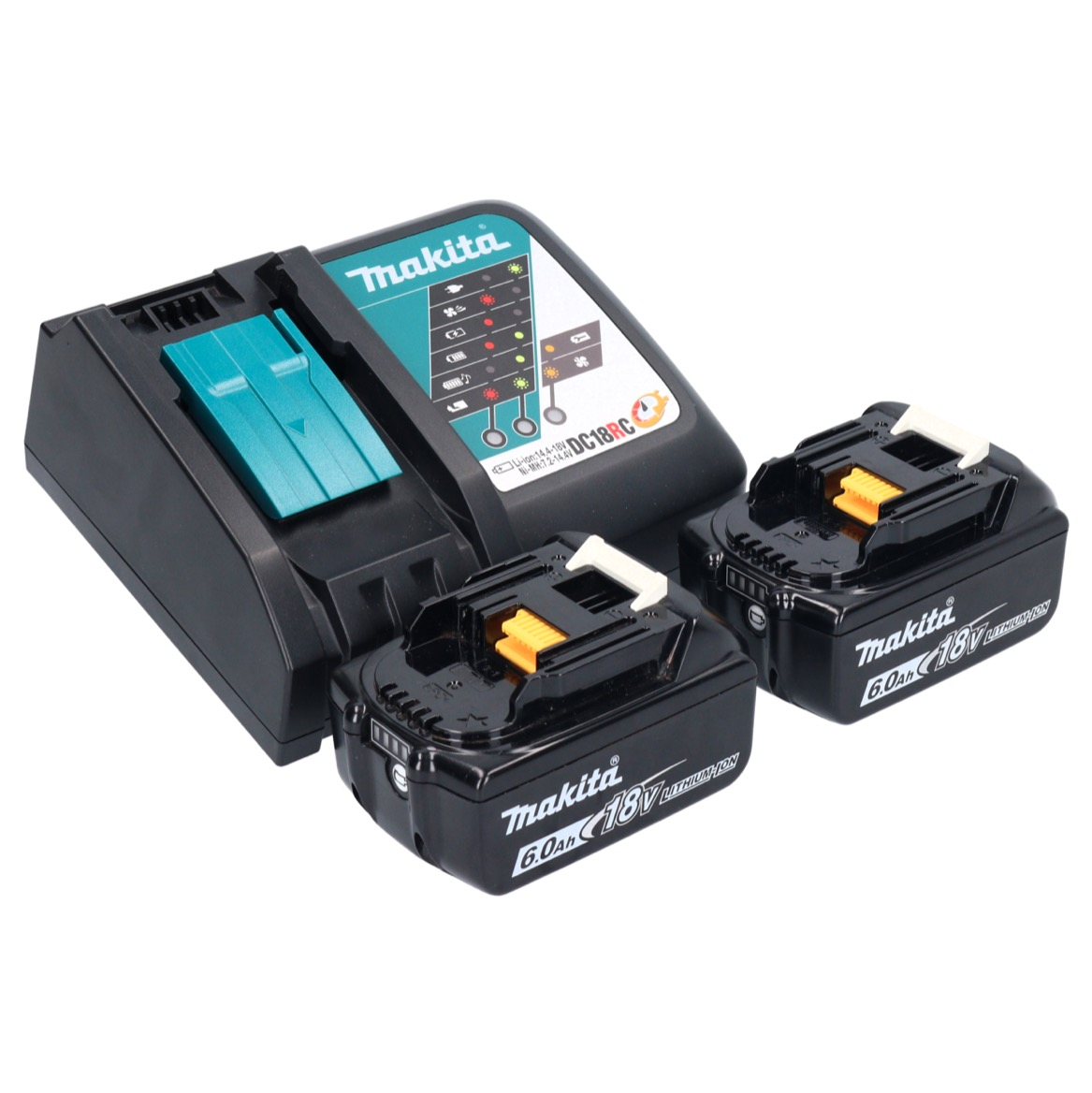 Ein Makita-Akkuladegerät mit zwei Akkus. Das Ladegerät ist schwarz mit türkisfarbenen Akzenten. Die Batterien sind schwarz mit gelben und weißen Akzenten.