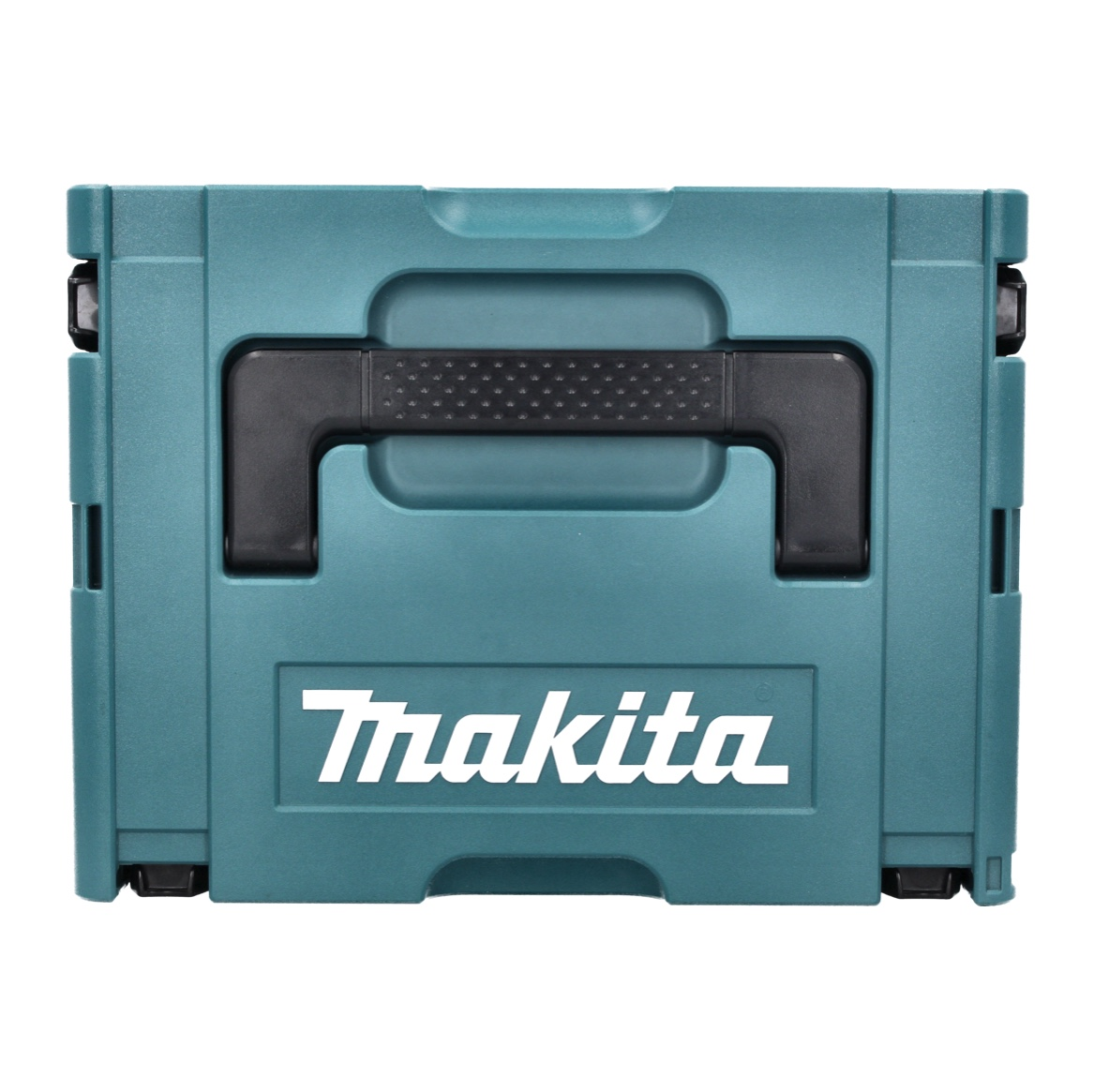 Eine teal Makita-Werkzeugbox mit schwarzem Griff und dem Markennamen in Weiß. Die Box ist geschlossen und steht vor weißem Hintergrund.