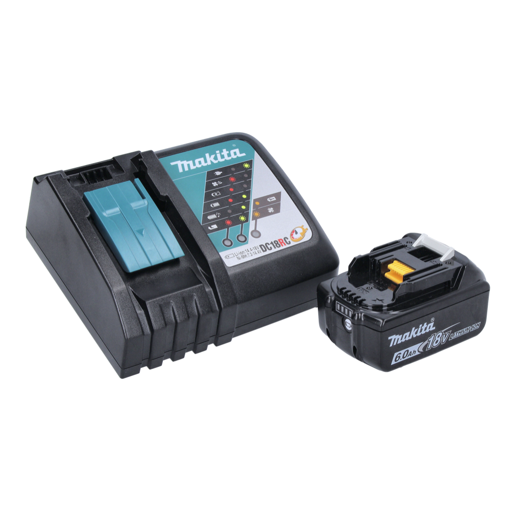Ein schwarzes Makita-Batterieladegerät und ein Akku auf weißem Hintergrund. Das Ladegerät hat einen teal-farbenen Steckplatz, und der Akku ist schwarz.