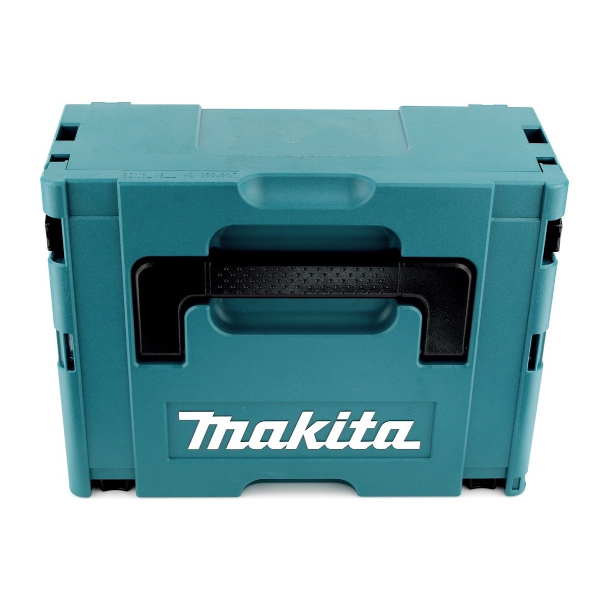 Eine türkisblaue Makita-Aufbewahrungsbox mit schwarzem Griff. Das Makita-Logo ist auf der Vorderseite sichtbar. Die Box steht auf weißem Hintergrund.