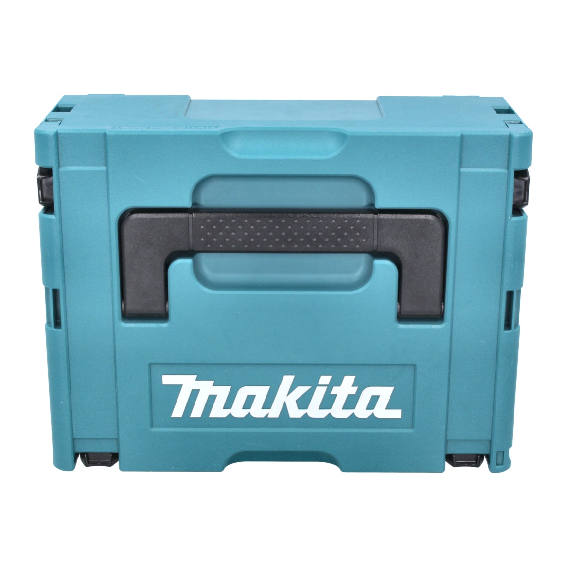 Eine türkisblaue Makita-Werkzeugkiste mit schwarzem Griff. Das Makita-Logo ist auf der Vorderseite sichtbar. Die Werkzeugkiste ist geschlossen und hat schwarze Verschlüsse.