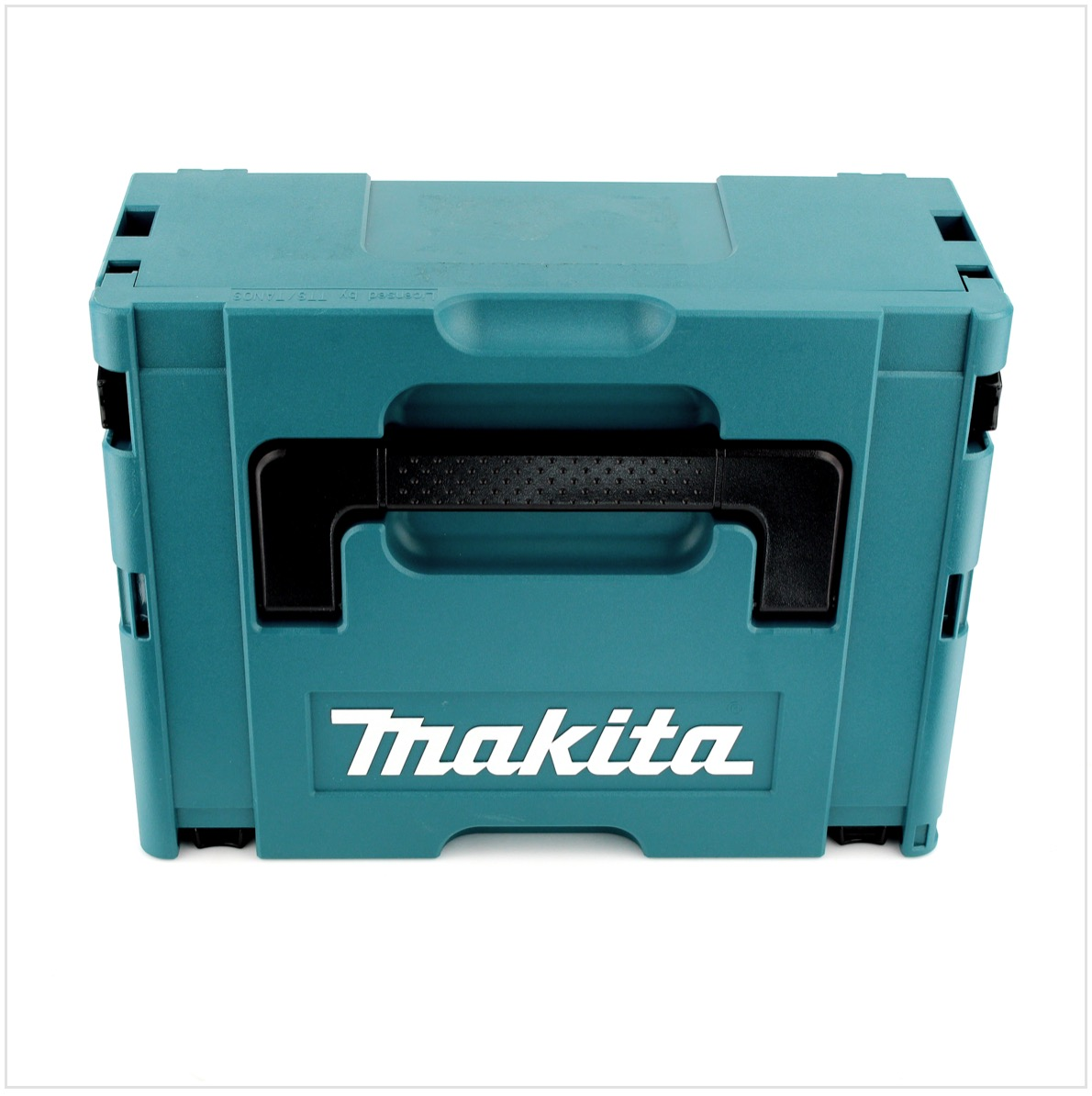 Eine türkisfarbene Makita-Werkzeugkiste mit schwarzem Griff und dem weißen Makita-Logo auf der Vorderseite.