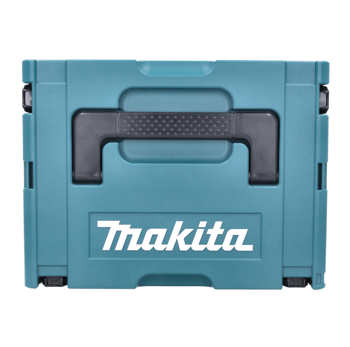 Türkis Makita Werkzeugkasten, schwarzer Griff, weißes Logo. Es hat eine rechteckige Form, mit Griff in der Mitte und Markennamen darunter.