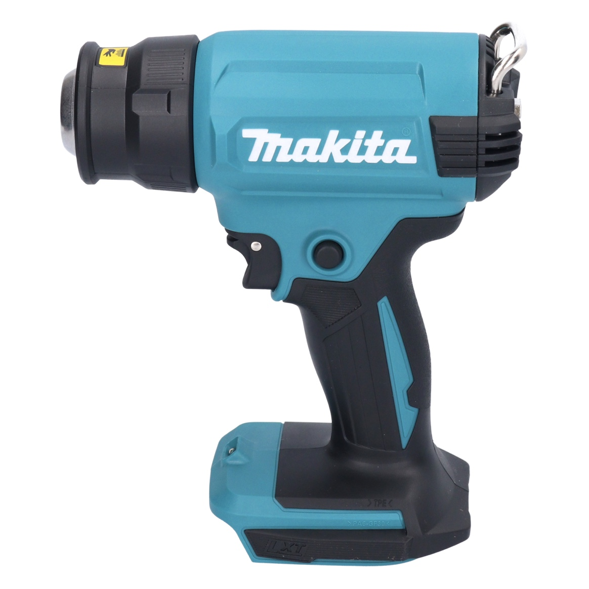Eine teal-schwarze Makita Heißluftpistole. Sie hat einen Auslöser, eine Düse und einen Griff. Das Makita-Logo ist sichtbar.