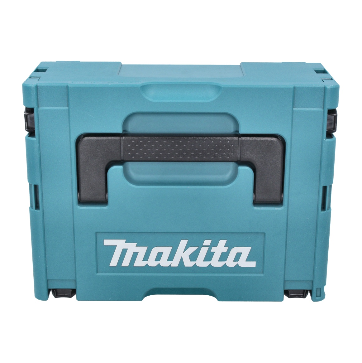 Eine türkisblaue Makita-Werkzeugkiste mit schwarzem Griff. Das Makita-Logo ist sichtbar. Die Box ist geschlossen und vor weißem Hintergrund platziert.