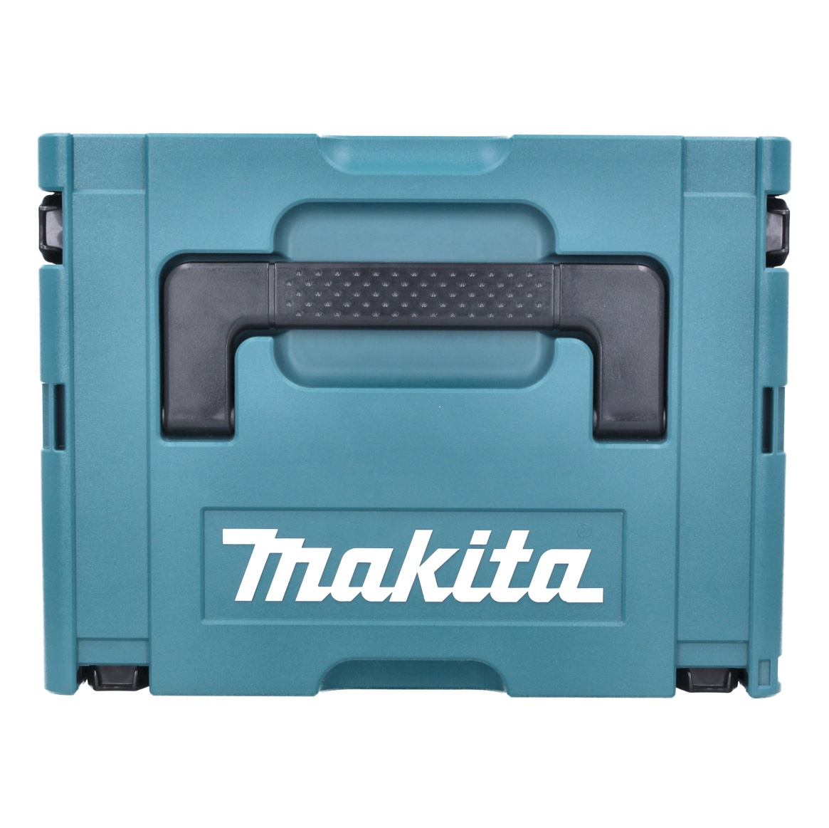 Eine türkisfarbene Makita-Werkzeugkiste mit schwarzem Griff. Das Makita-Logo ist prominent in Weiß auf der Vorderseite zu sehen.