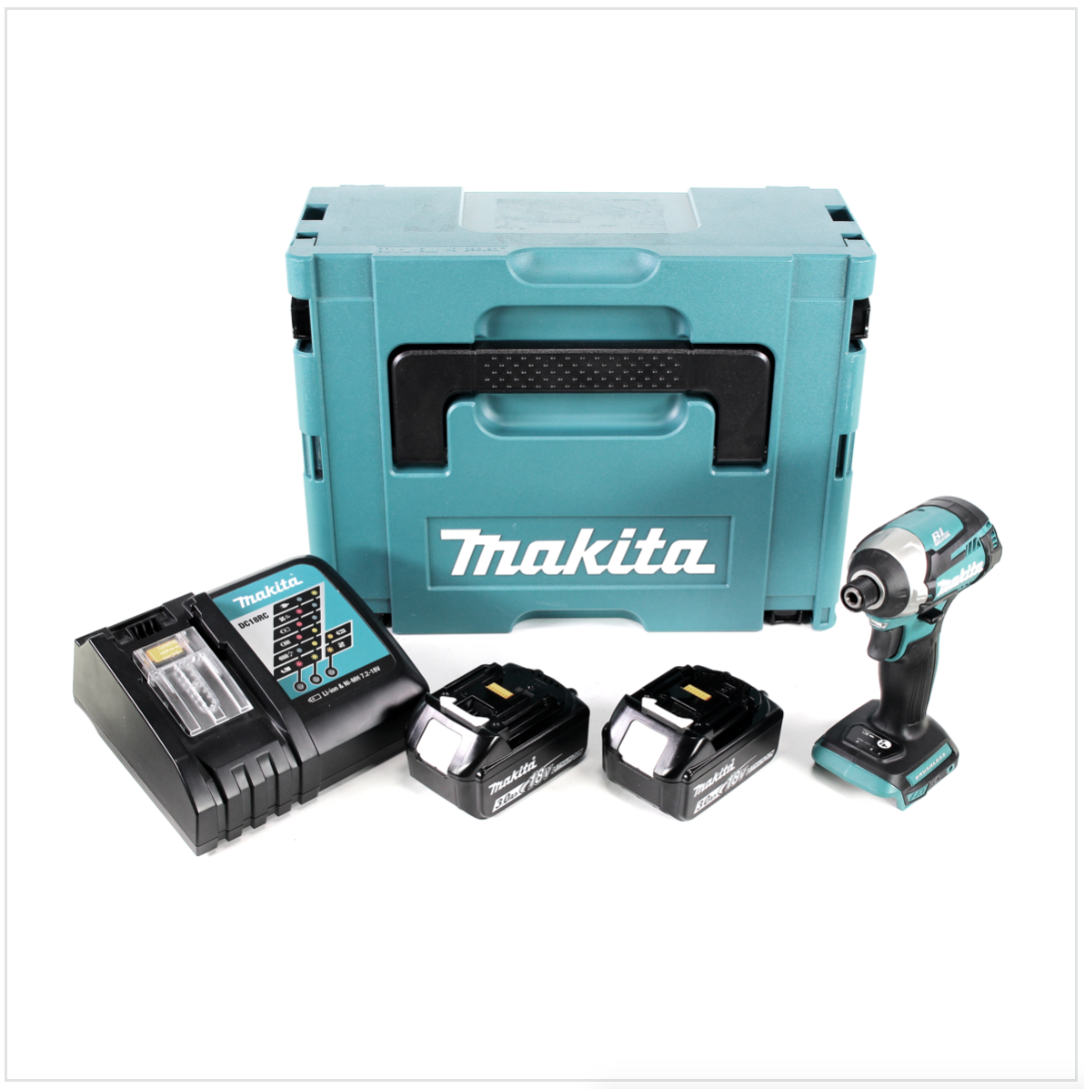 Ein teal-farbenes Makita Werkzeugset mit Koffer, Bohrmaschine, Ladegerät und Batterien auf weißem Hintergrund.