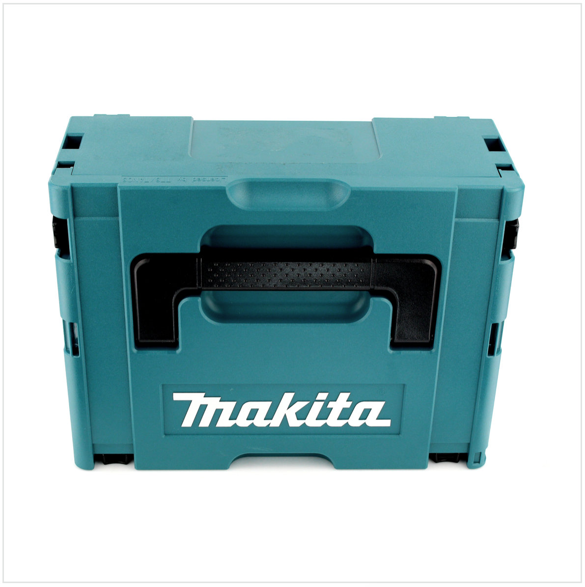 Eine türkisfarbene Makita-Werkzeugkiste mit schwarzem Griff. Das Makita-Logo ist weiß. Die Box ist geschlossen und steht auf weißem Untergrund.