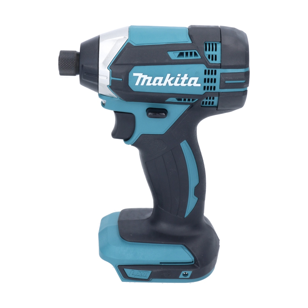 Ein teal-schwarzer Makita-Schlagschrauber auf weißem Hintergrund. Er hat einen Auslöser, einen Akku und das Makita-Logo.