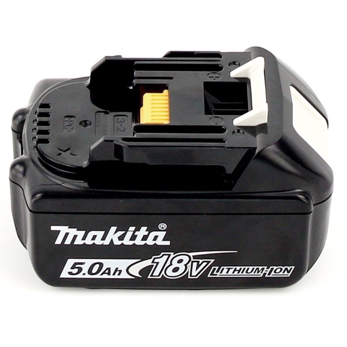 Schwarzer Makita 18V Lithium-Ionen-Akku. Weißer Text auf der Vorderseite. Gelbe und weiße Details oben.