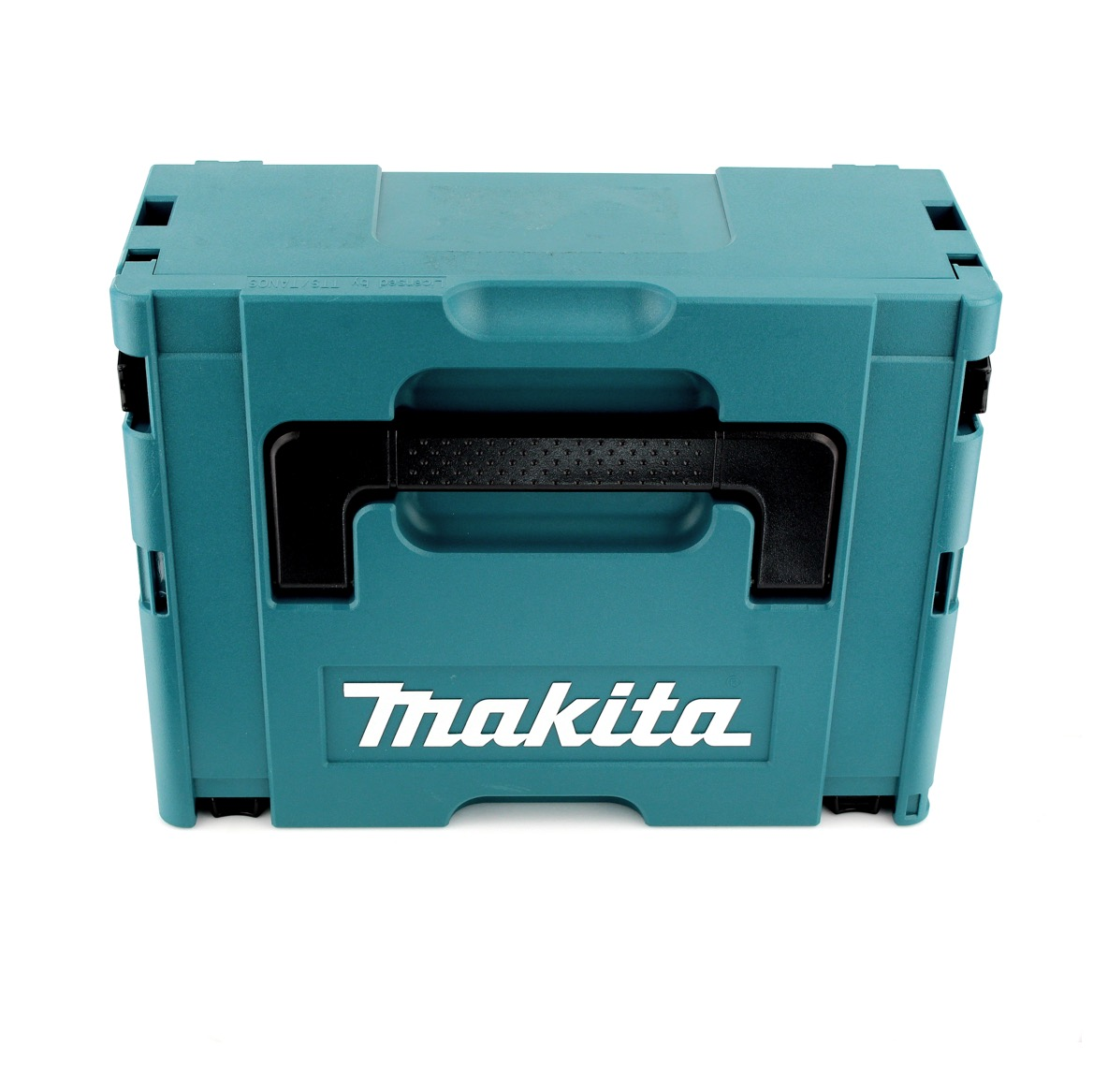 Eine türkisfarbene Makita-Werkzeugkiste. Sie hat einen schwarzen Griff und das Makita-Logo in Weiß. Der Hintergrund ist weiß.
