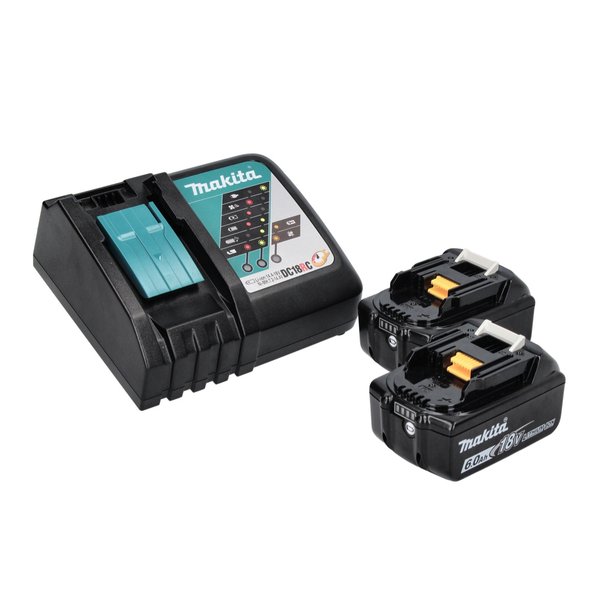 Ein Makita-Batterieladegerät mit zwei Batterien. Das Ladegerät ist schwarz und blaugrün, die Batterien sind schwarz mit gelben Akzenten.