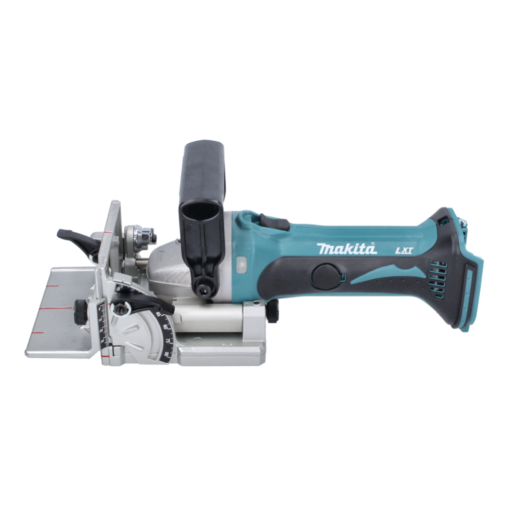 Ein Makita LXT Lamellenfräser auf weißem Hintergrund. Er ist türkis und schwarz mit einem silbernen Klingenschutz und einem schwarzen Griff.