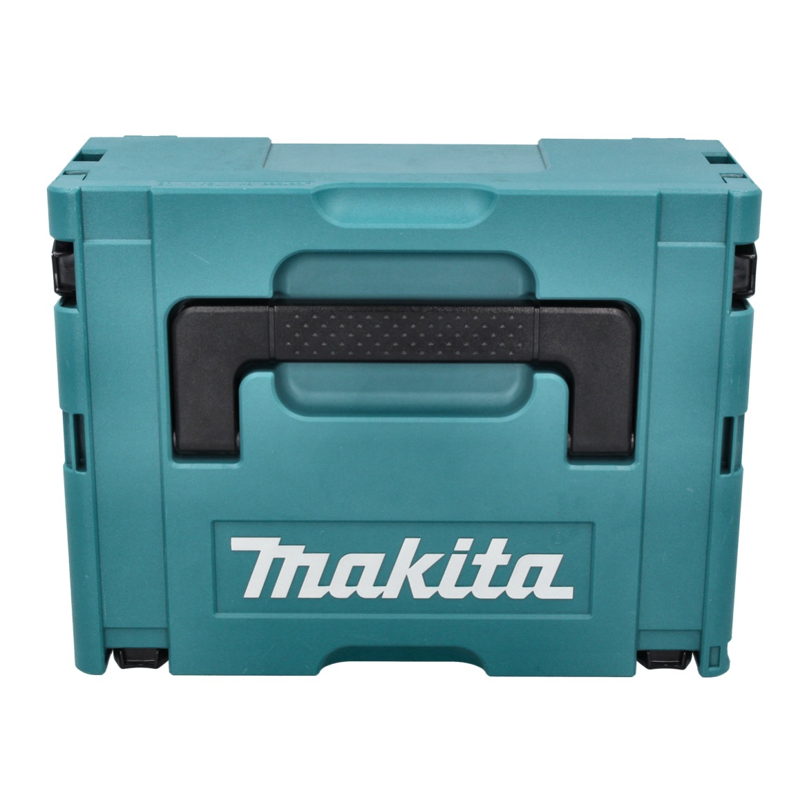 Eine teal Makita-Werkzeugkiste mit schwarzem Griff und Logo. Die Werkzeugkiste ist rechteckig mit einem Riegel auf jeder Seite. Weißer Hintergrund.