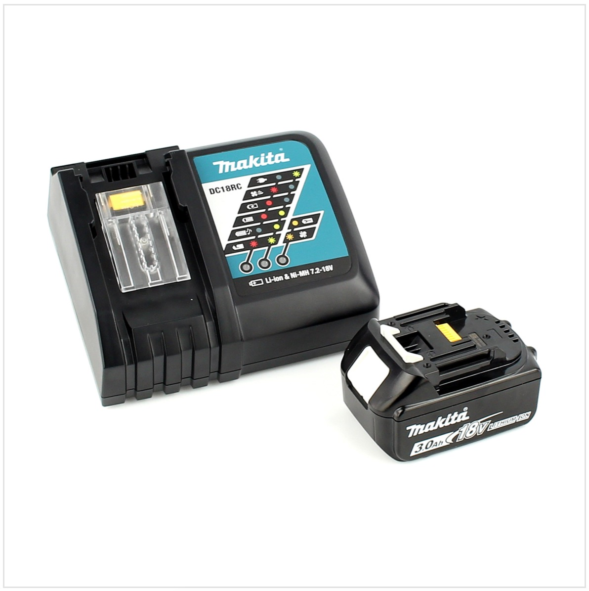 Ein schwarzes Makita-Batterieladegerät und ein Akku. Das Ladegerät hat ein Display und der Akku ist mit 18V und 3,0Ah beschriftet.