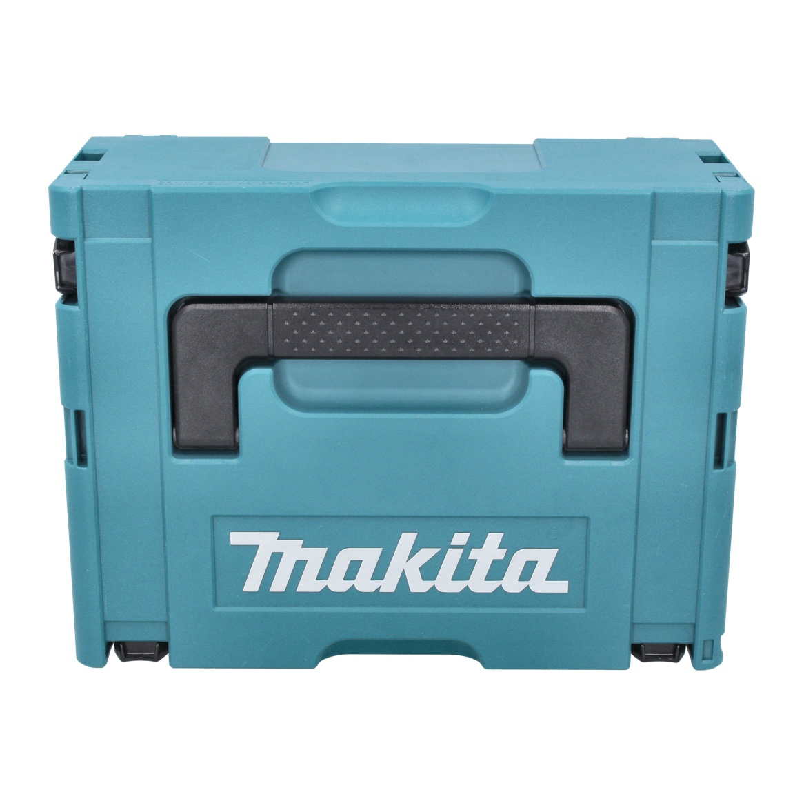 Eine türkisfarbene Makita-Klappbox mit schwarzem Griff und weißem Logo. Die Box ist geschlossen und einsatzbereit.