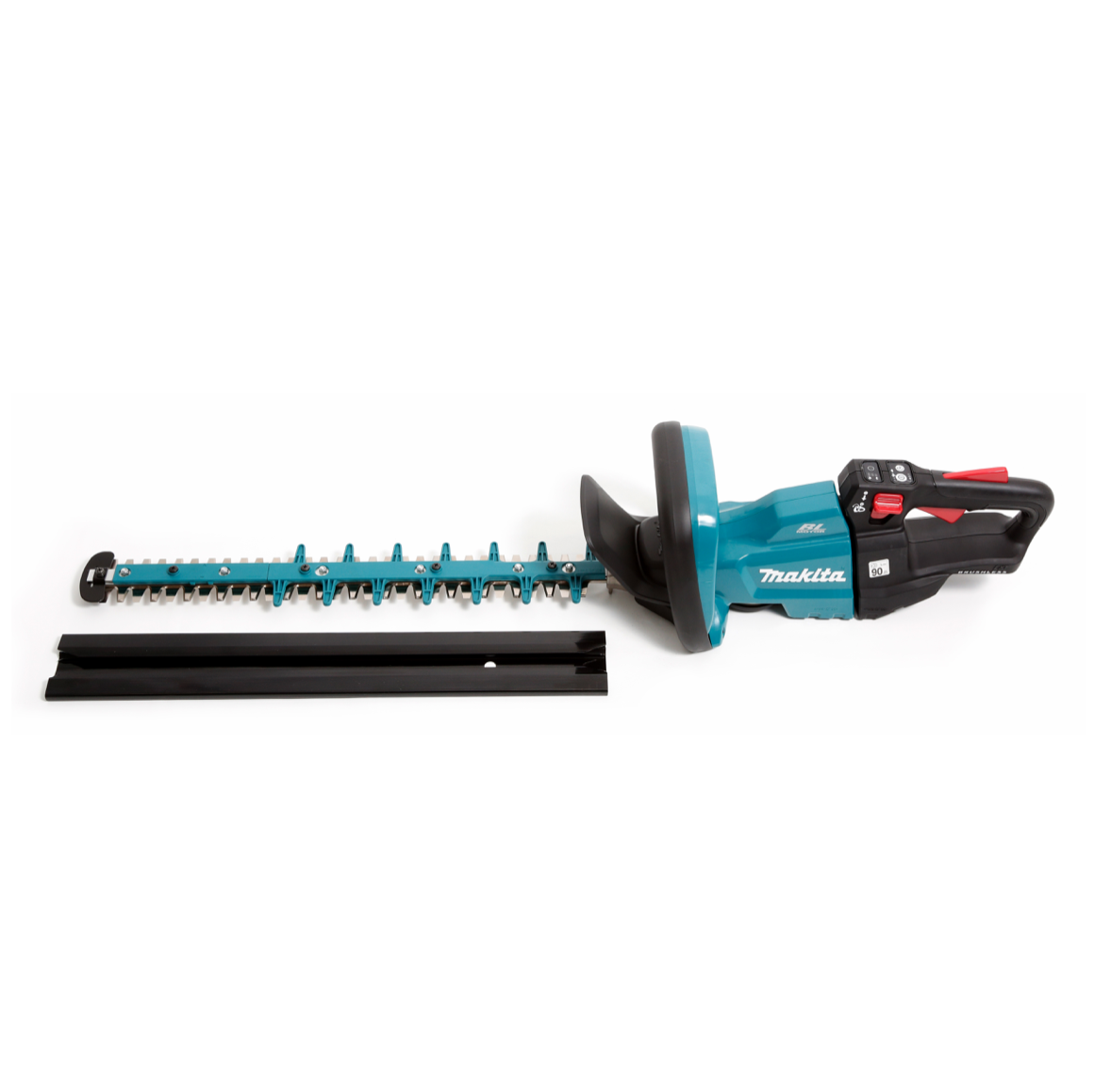 Eine Makita Heckenschere mit schwarzem Griff, türkisblauem Gehäuse und schwarzem Klingenschutz, auf weißem Untergrund.