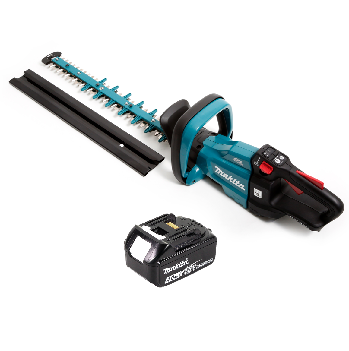 Makita Heckenschere mit Akku und Messerschutz auf weißem Hintergrund. Türkis und Schwarz dominieren das Produkt.