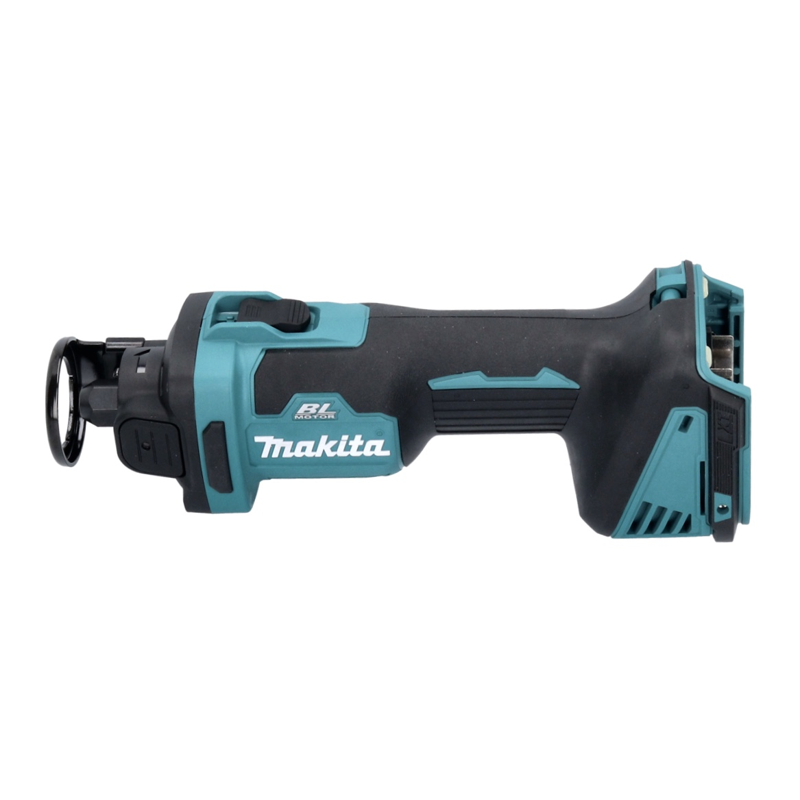Eine kabellose Makita-Säbelsäge mit teal- und schwarzen Akzenten, dem Makita-Logo und einem schwarzen Auslöser und Klingenträger.