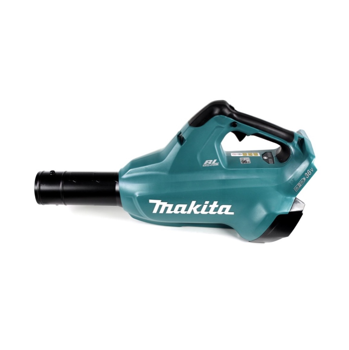 Ein teal-farbenes und schwarzes Makita-Laubgebläse. Das Gebläse hat einen Griff und eine Düse. Das Makita-Logo ist sichtbar.